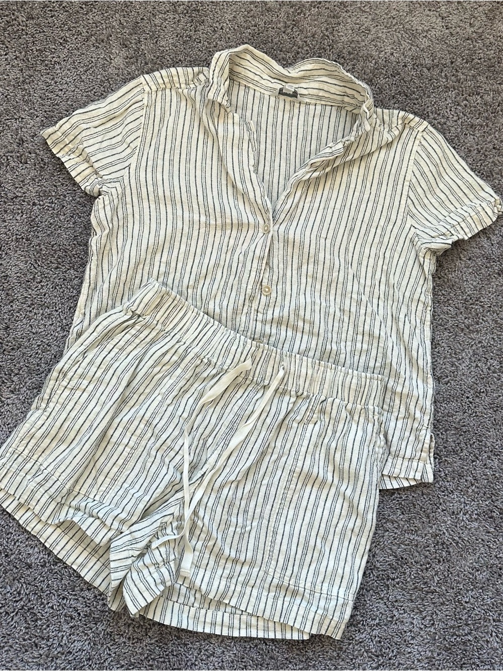 Lucky Brand Cream and Black Striped Short Sleeve Button Top Set